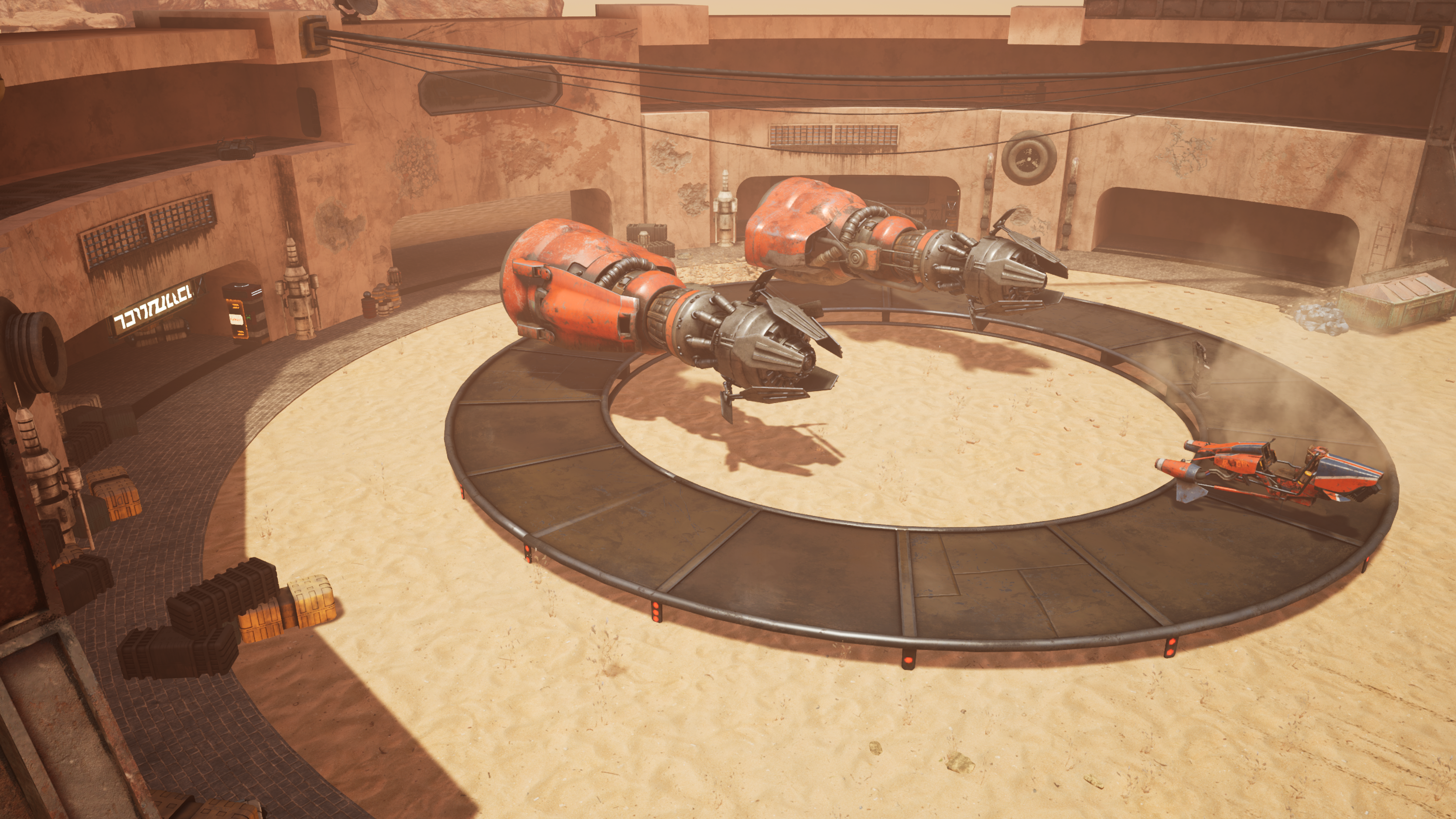 The hangar — your home base between races
